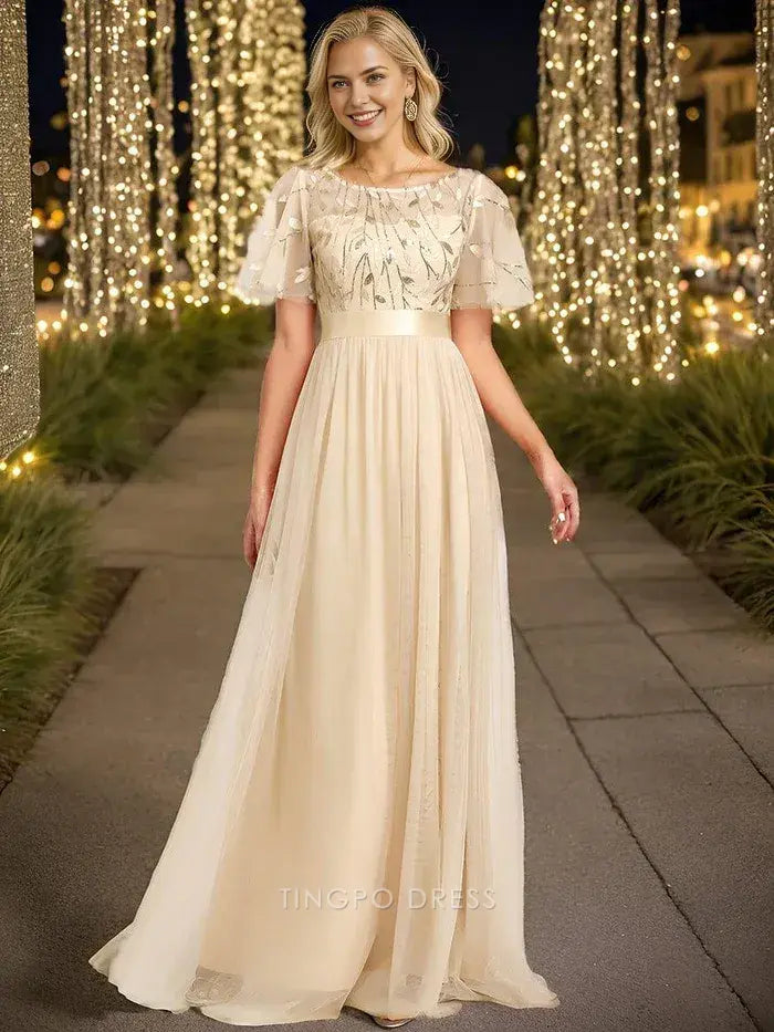 Elegant Plus Size Women's A-Line Sequin Leaf Maxi Prom Dress with Sleeves Prom Dress