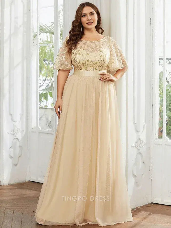 Elegant Plus Size Women's A-Line Sequin Leaf Maxi Prom Dress with Sleeves Prom Dress