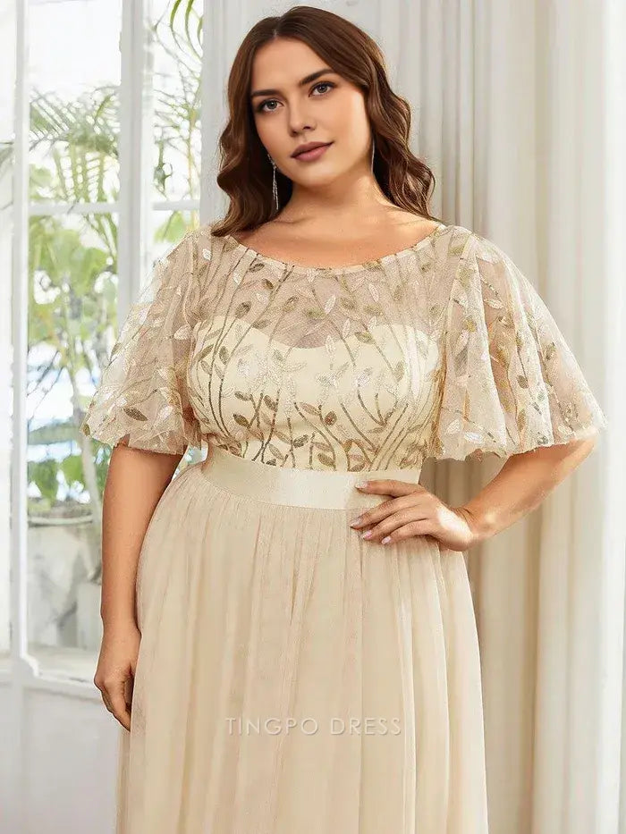 Elegant Plus Size Women's A-Line Sequin Leaf Maxi Prom Dress with Sleeves Prom Dress