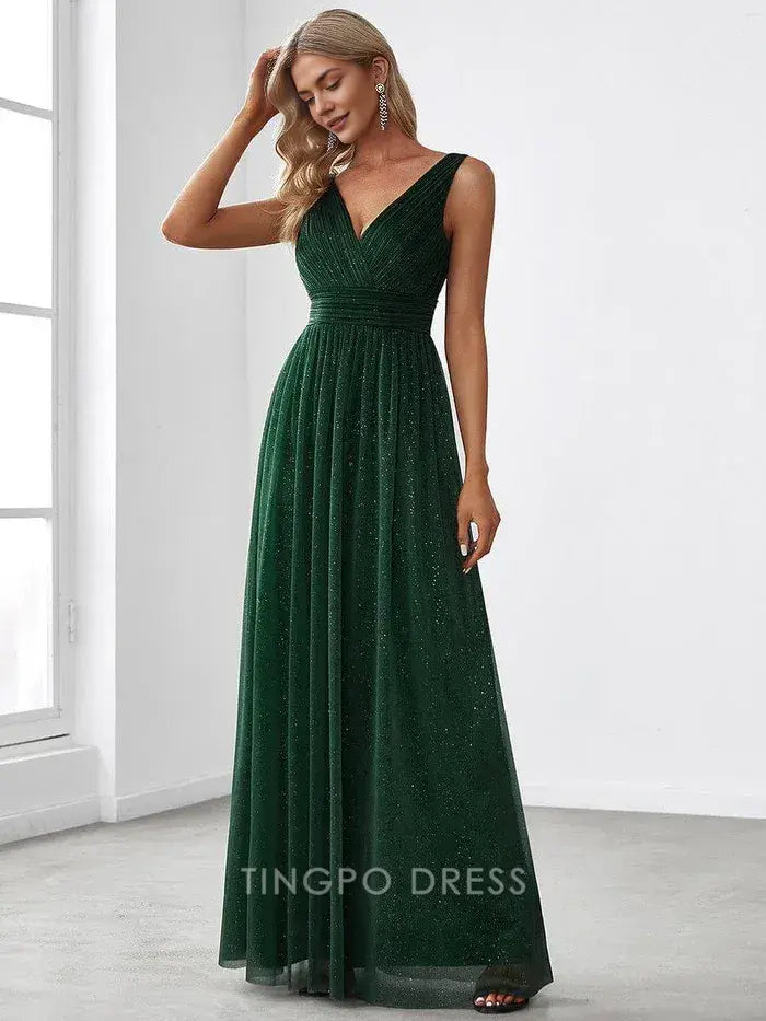 Elegant Plus Size Women's V - Neck Sleeveless Shimmering Maxi Dress Prom Dress