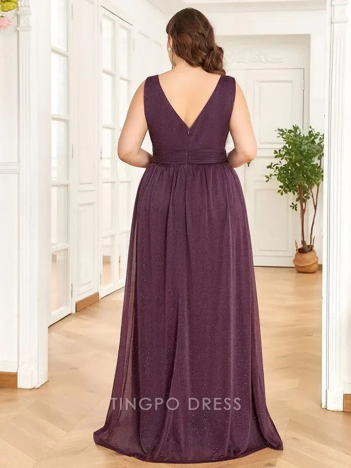 Elegant Plus Size Women's V - Neck Sleeveless Shimmering Maxi Dress Prom Dress
