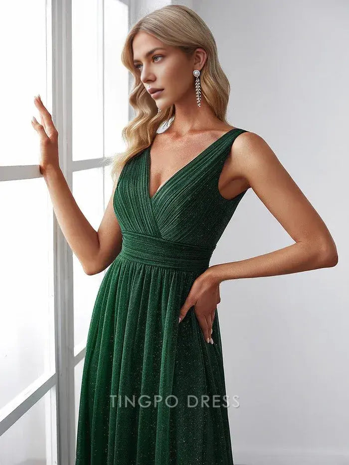 Elegant Plus Size Women's V - Neck Sleeveless Shimmering Maxi Dress Prom Dress