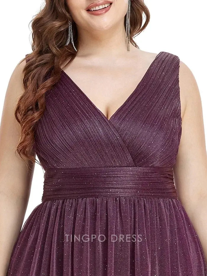 Elegant Plus Size Women's V - Neck Sleeveless Shimmering Maxi Dress Prom Dress