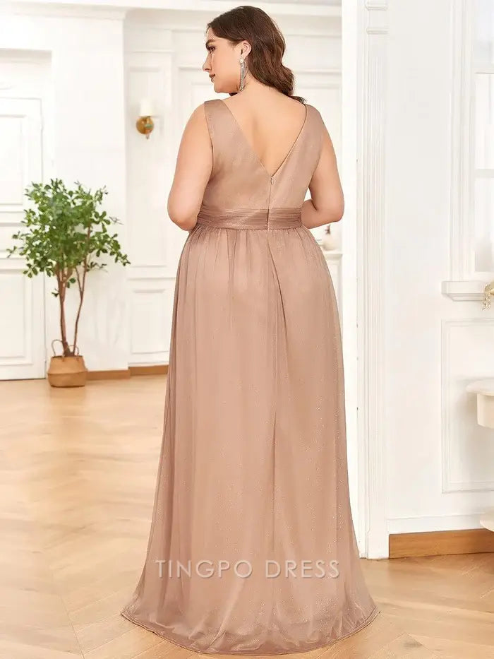 Elegant Plus Size Women's V - Neck Sleeveless Shimmering Maxi Dress Prom Dress
