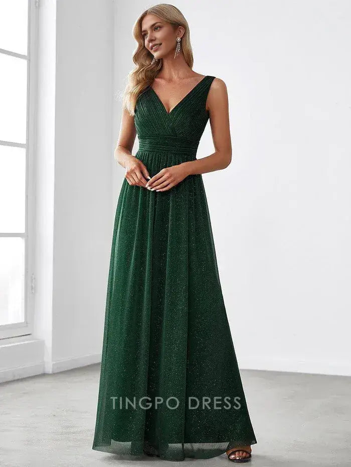 Elegant Plus Size Women's V - Neck Sleeveless Shimmering Maxi Dress Prom Dress