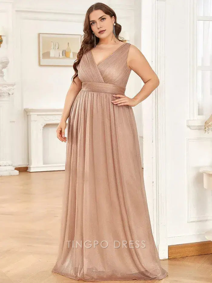 Elegant Plus Size Women's V - Neck Sleeveless Shimmering Maxi Dress Prom Dress