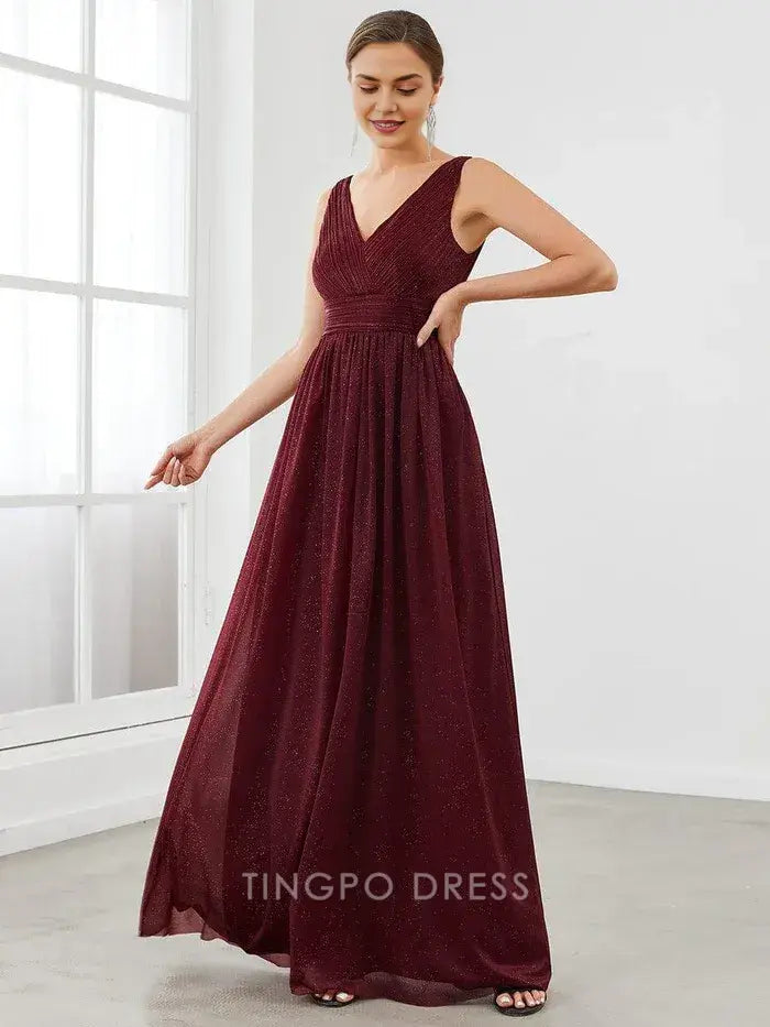 Elegant Plus Size Women's V - Neck Sleeveless Shimmering Maxi Dress Prom Dress