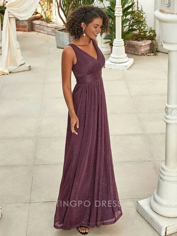 Elegant Plus Size Women's V - Neck Sleeveless Shimmering Maxi Dress Prom Dress