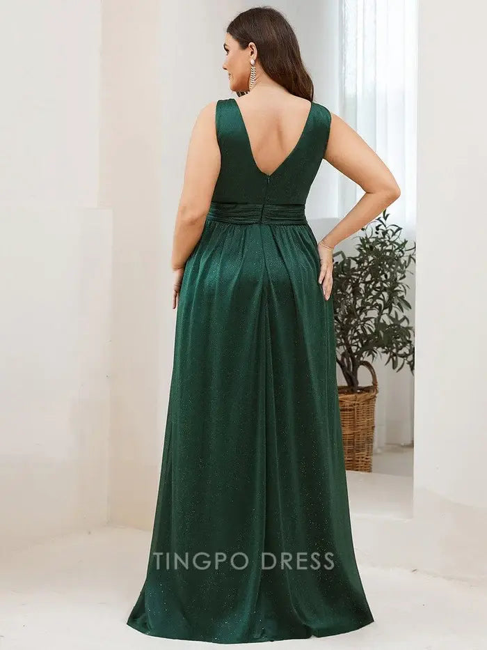 Elegant Plus Size Women's V - Neck Sleeveless Shimmering Maxi Dress Prom Dress