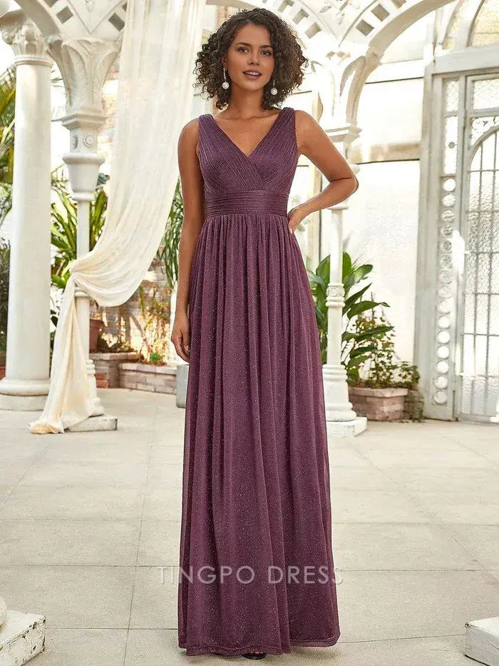 Elegant Plus Size Women's V - Neck Sleeveless Shimmering Maxi Dress Prom Dress