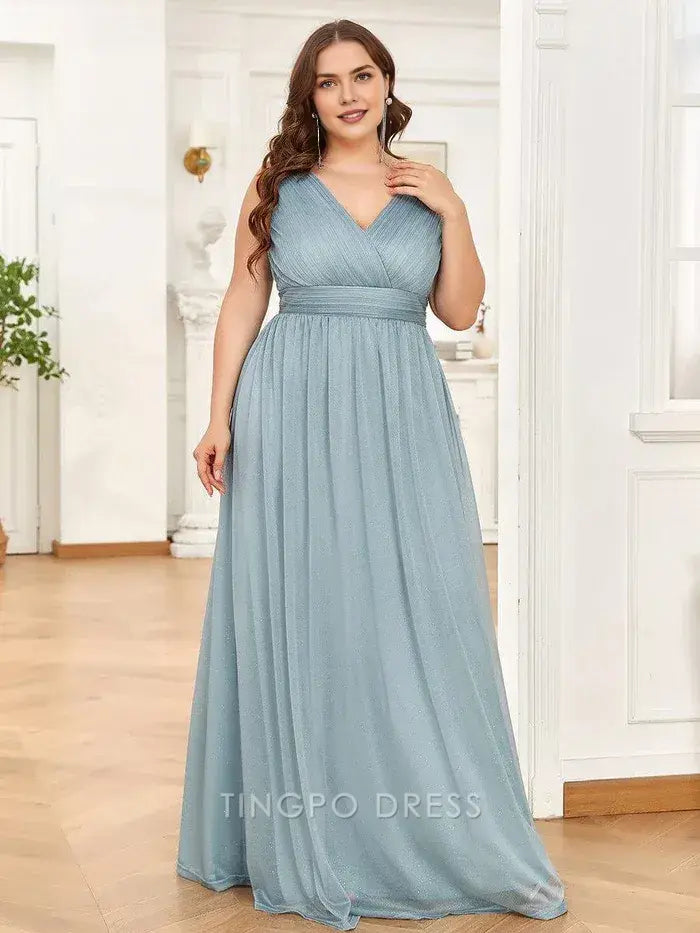 Elegant Plus Size Women's V - Neck Sleeveless Shimmering Maxi Dress Prom Dress