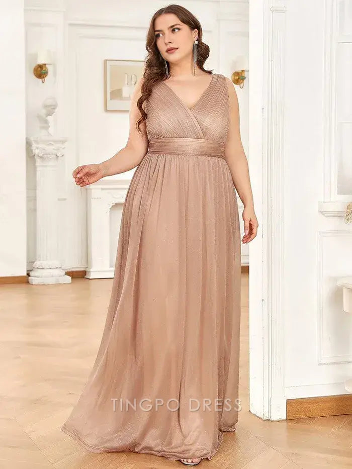 Elegant Plus Size Women's V - Neck Sleeveless Shimmering Maxi Dress Prom Dress
