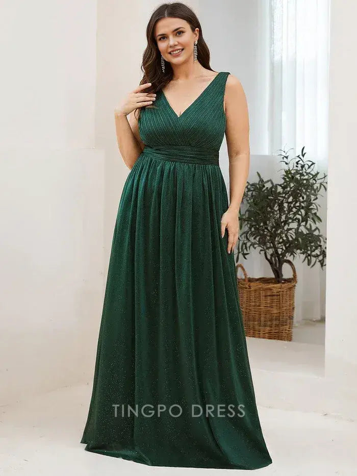 Elegant Plus Size Women's V - Neck Sleeveless Shimmering Maxi Dress Prom Dress