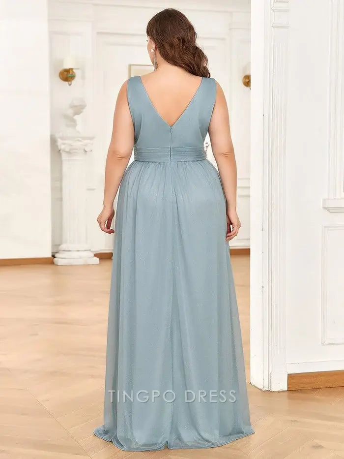 Elegant Plus Size Women's V - Neck Sleeveless Shimmering Maxi Dress Prom Dress