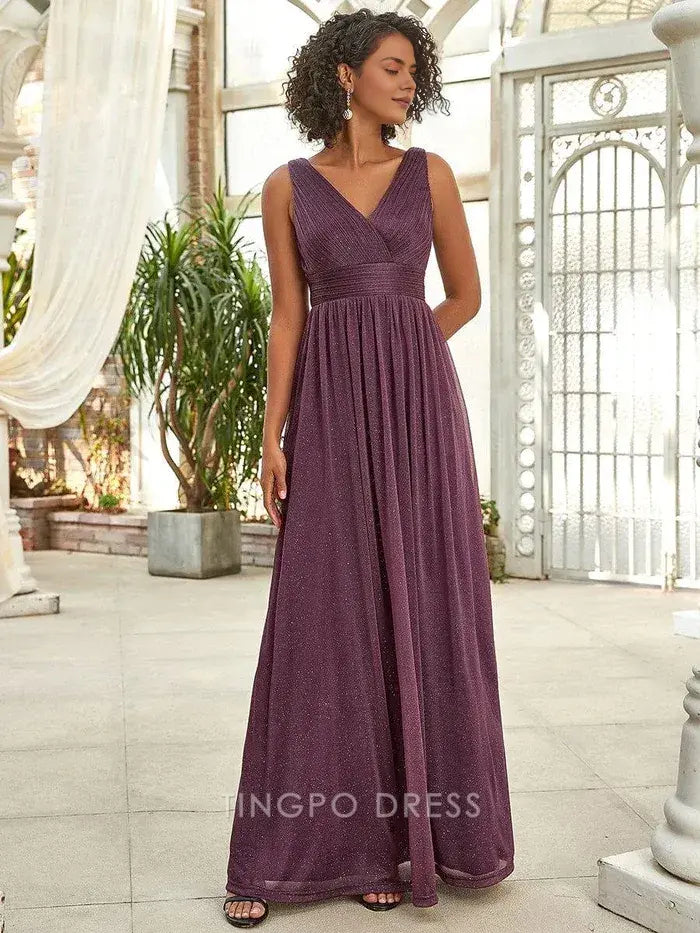 Elegant Plus Size Women's V - Neck Sleeveless Shimmering Maxi Dress Prom Dress