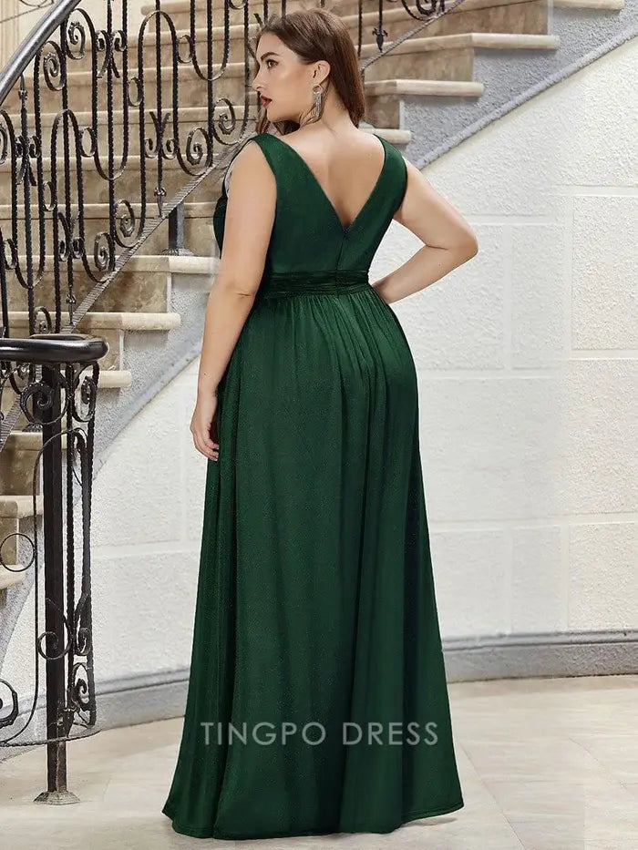 Elegant Plus Size Women's V - Neck Sleeveless Shimmering Maxi Dress Prom Dress