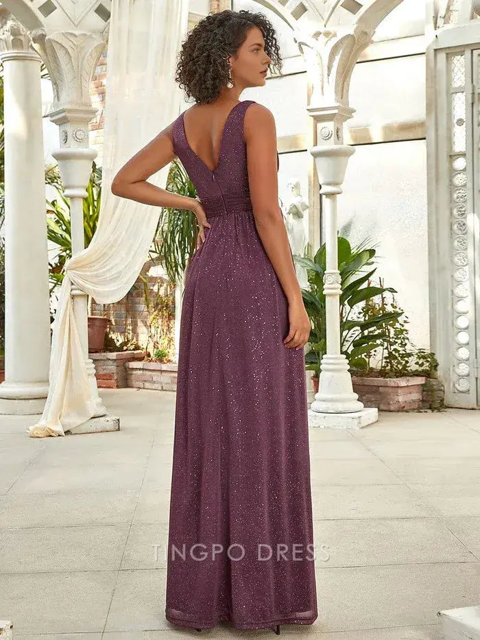 Elegant Plus Size Women's V - Neck Sleeveless Shimmering Maxi Dress Prom Dress