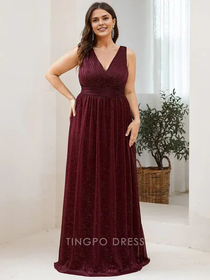 Elegant Plus Size Women's V - Neck Sleeveless Shimmering Maxi Dress Prom Dress