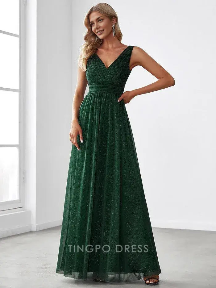 Elegant Plus Size Women's V - Neck Sleeveless Shimmering Maxi Dress Prom Dress