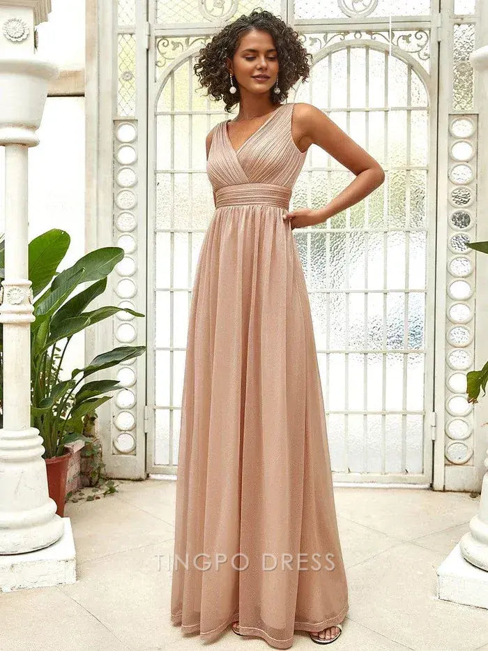 Elegant Plus Size Women's V - Neck Sleeveless Shimmering Maxi Dress Prom Dress