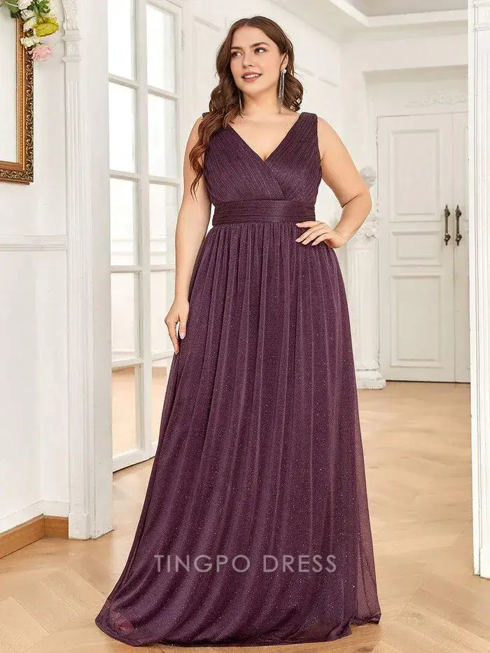 Elegant Plus Size Women's V - Neck Sleeveless Shimmering Maxi Dress Prom Dress