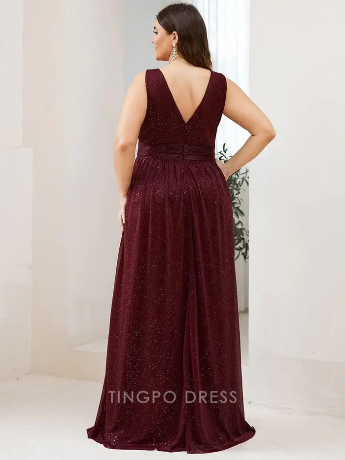 Elegant Plus Size Women's V - Neck Sleeveless Shimmering Maxi Dress Prom Dress