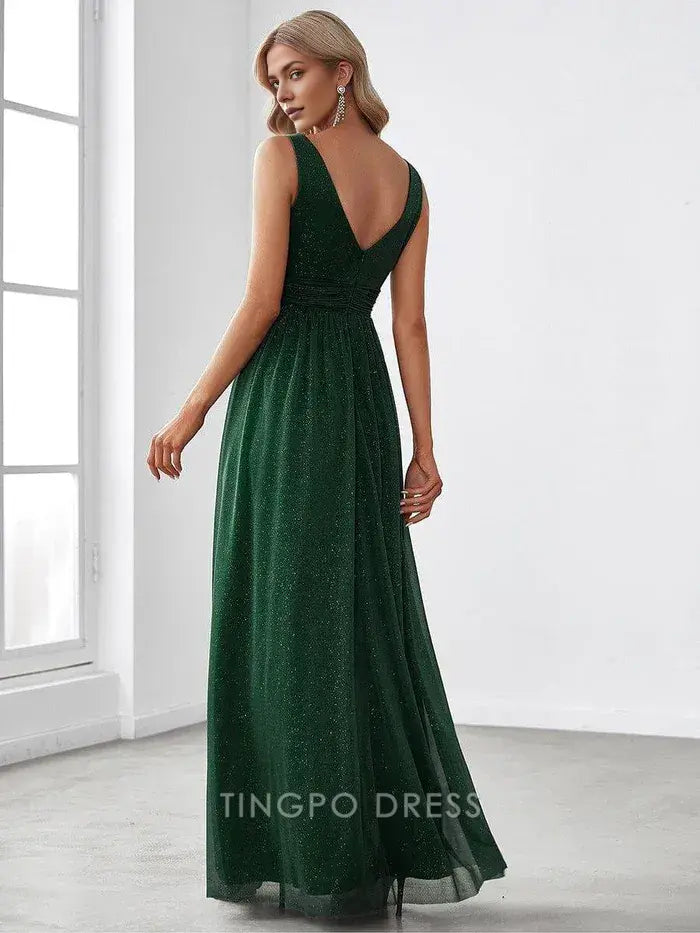 Elegant Plus Size Women's V - Neck Sleeveless Shimmering Maxi Dress Prom Dress
