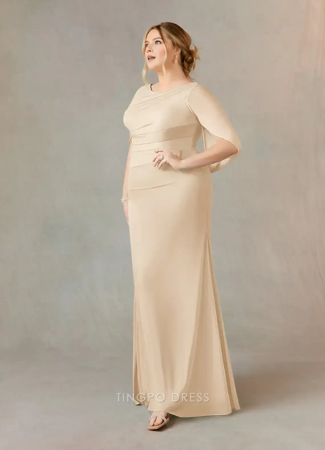 Elegant Plus size Mermaid/Trumpet Scoop Cap Sleeve V back Floor-Length Mother of the Bride Dress