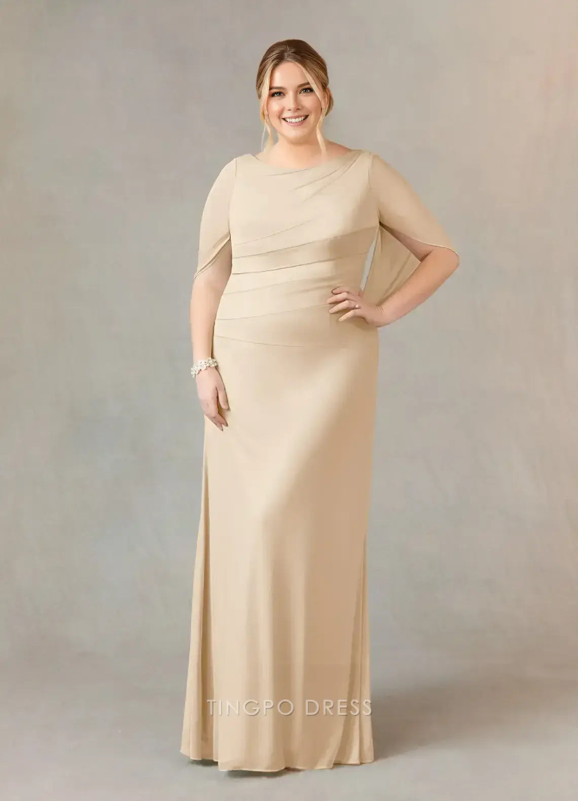 Elegant Plus size Mermaid/Trumpet Scoop Cap Sleeve V back Floor-Length Mother of the Bride Dress