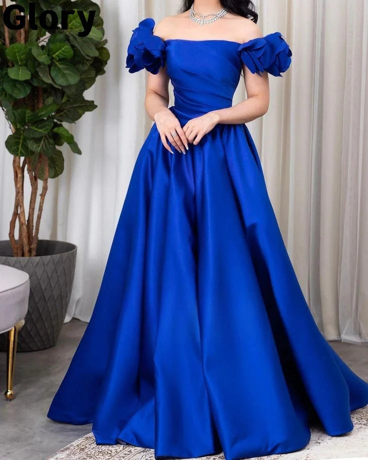 TingPo Wholesale Elegant Pretty A Line Off The Shoulder Royal Blue Satin Long Prom Dress Evening Dresses