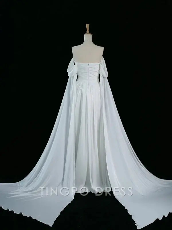 TingPo Wholesale Elegant Pretty A Line Off The Shoulder White Satin Long Prom Dresses Party Evening Dress