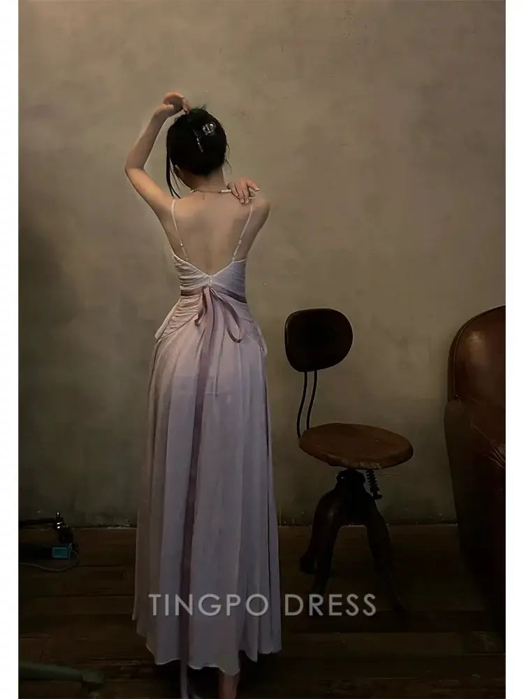 TingPo Wholesale Elegant Pretty A Line Spaghetti Straps Lilac Long Prom Dresses Simple Evening Dress