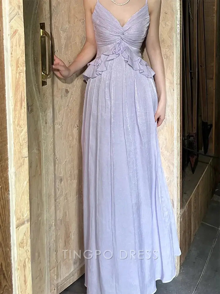 TingPo Wholesale Elegant Pretty A Line Spaghetti Straps Lilac Long Prom Dresses Simple Evening Dress