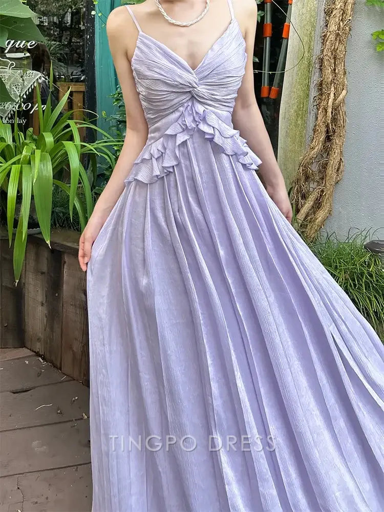 TingPo Wholesale Elegant Pretty A Line Spaghetti Straps Lilac Long Prom Dresses Simple Evening Dress