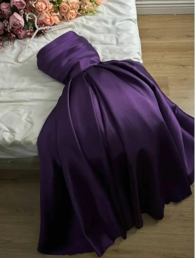 TingPo Wholesale Elegant Pretty A Line Strapless Grape Satin Evening Dress Prom Dresses With Ruffles
