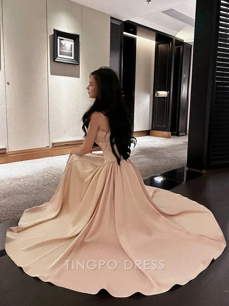 TingPo Wholesale Elegant Pretty A line Spaghetti Straps Pink Satin Prom Dresses Formal Evening Dress