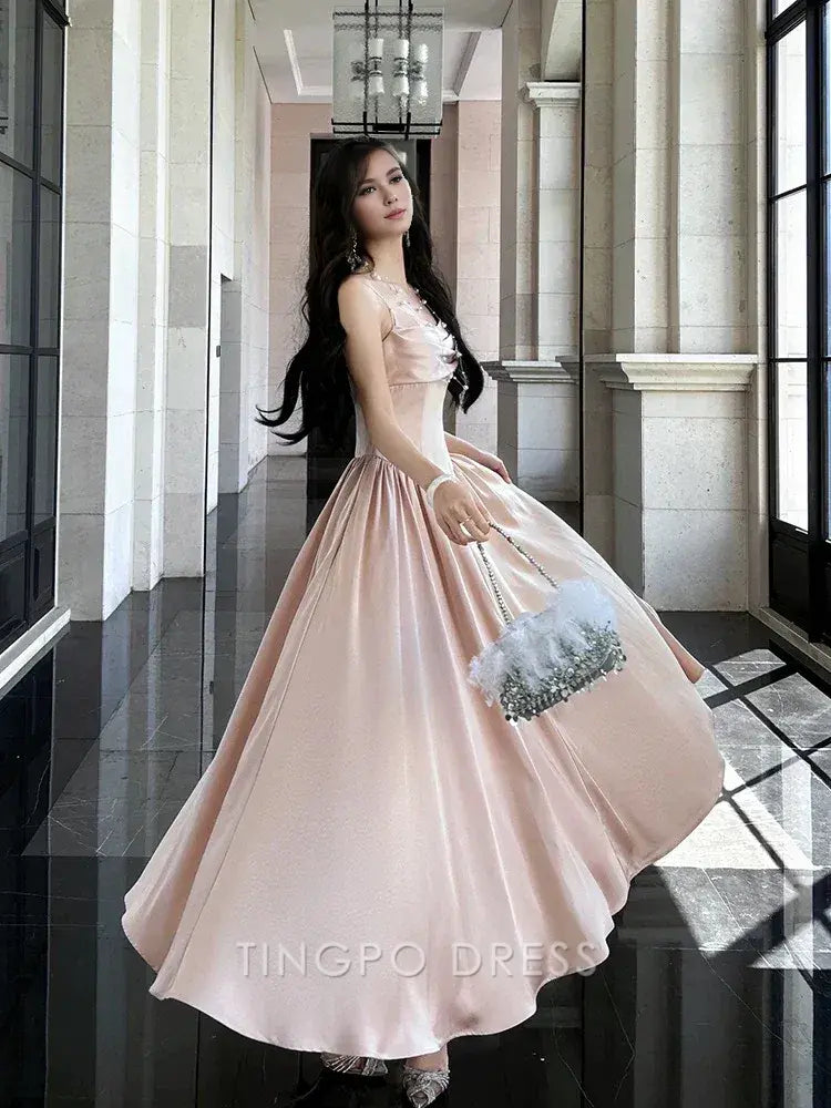 TingPo Wholesale Elegant Pretty A line Spaghetti Straps Pink Satin Prom Dresses Formal Evening Dress