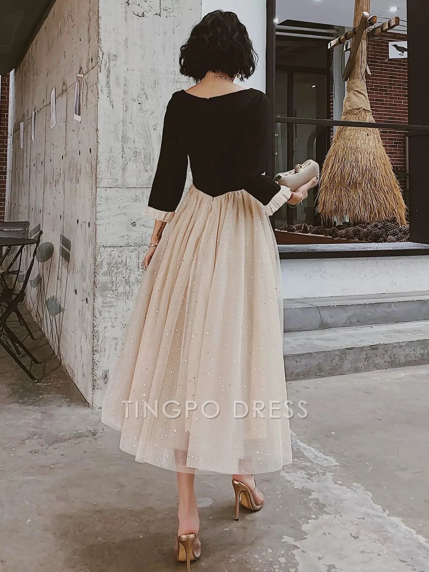 TingPo Wholesale Elegant Pretty A line Square Neckline Long Sleeves Black Prom Dresses Party Evening Dress