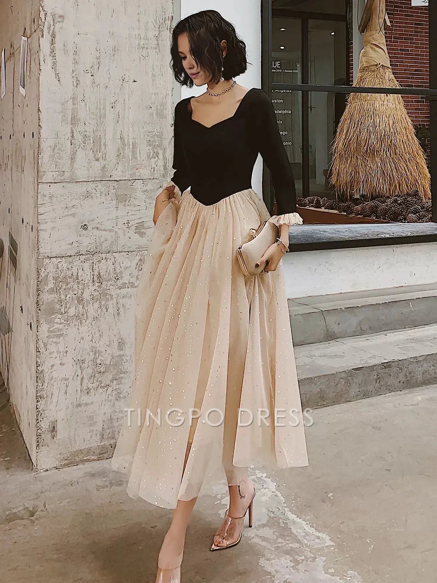 TingPo Wholesale Elegant Pretty A line Square Neckline Long Sleeves Black Prom Dresses Party Evening Dress