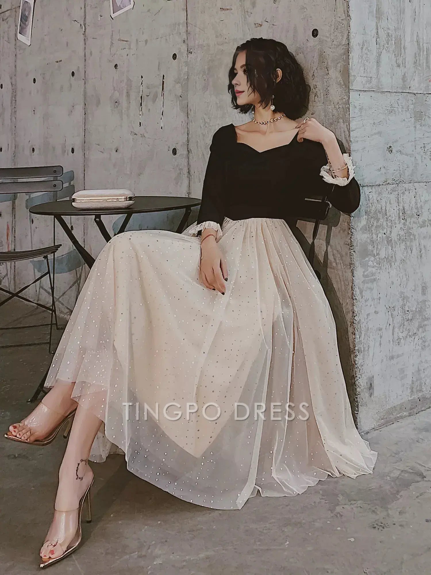 TingPo Wholesale Elegant Pretty A line Square Neckline Long Sleeves Black Prom Dresses Party Evening Dress