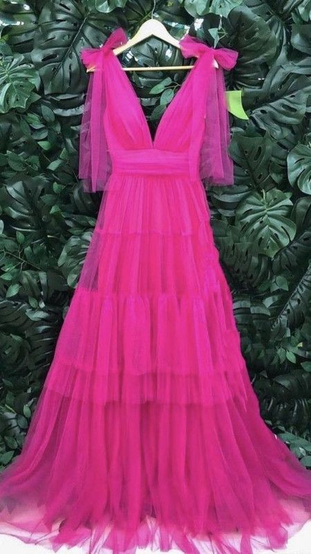 TingPo Wholesale Elegant Pretty A line V Neckline Tulle Pink Long Layers Prom Dresses Formal Evening Dress