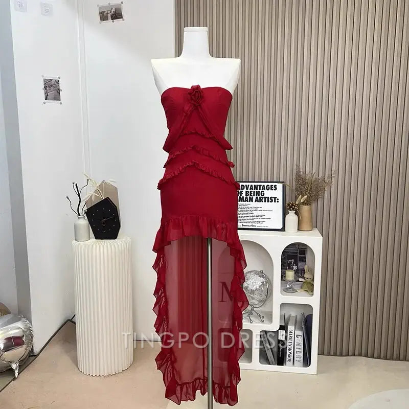 TingPo Wholesale Elegant Pretty High Low Strapless Chiffon Long Prom Dresses Burgundy Evening Dress