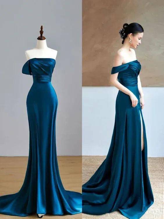 TingPo Wholesale Elegant Pretty Mermaid Off The Shoulder Slit Satin Prom Dresses With Ruffle Long Evening Dress