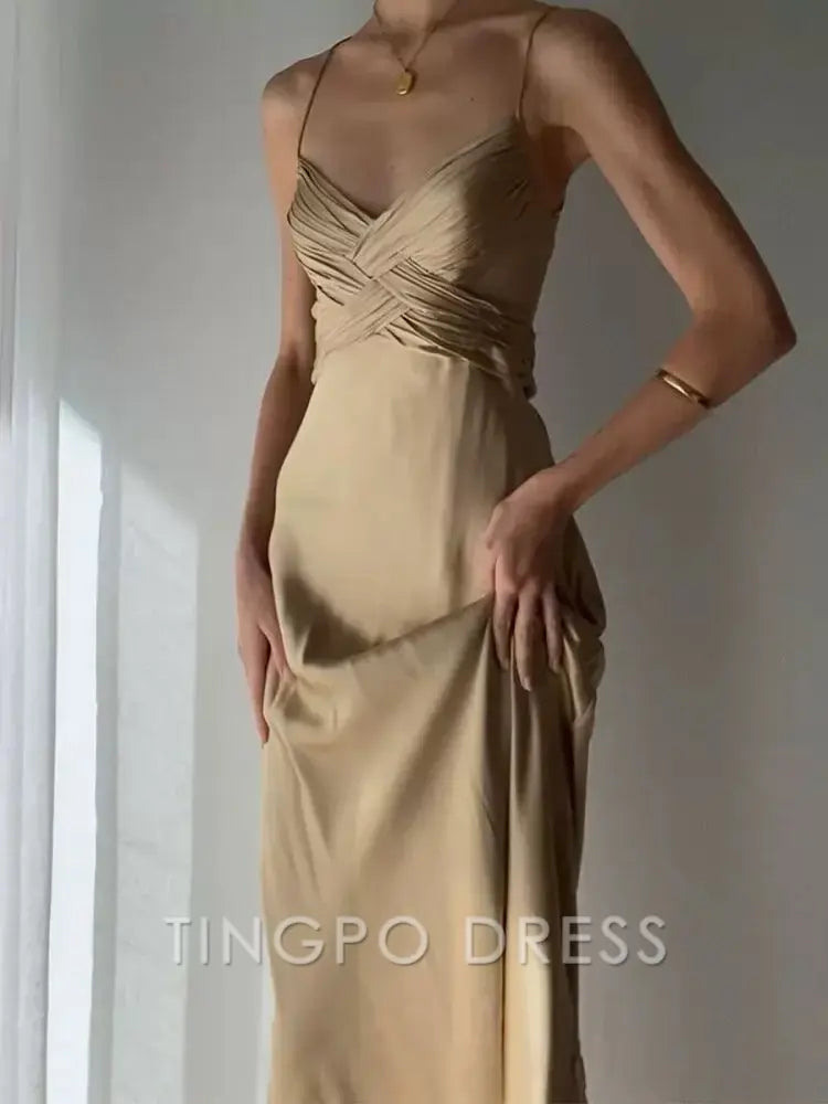 TingPo Wholesale Elegant Pretty Mermaid Spaghetti Straps Champagne Long Prom Dresses Sexy Evening Dress