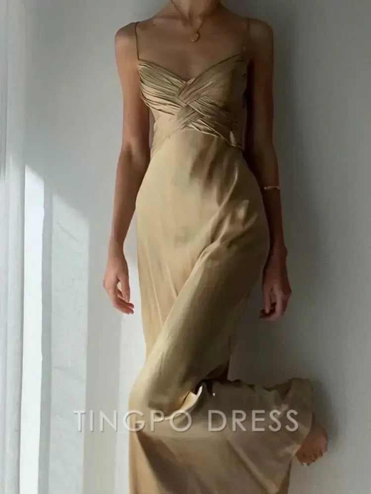 TingPo Wholesale Elegant Pretty Mermaid Spaghetti Straps Champagne Long Prom Dresses Sexy Evening Dress