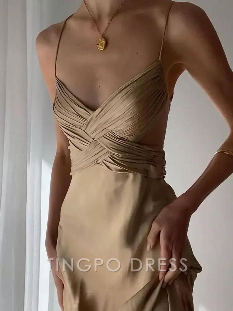 TingPo Wholesale Elegant Pretty Mermaid Spaghetti Straps Champagne Long Prom Dresses Sexy Evening Dress