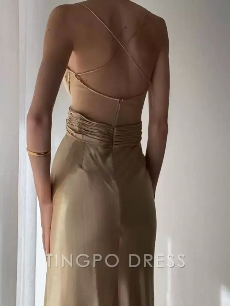 TingPo Wholesale Elegant Pretty Mermaid Spaghetti Straps Champagne Long Prom Dresses Sexy Evening Dress