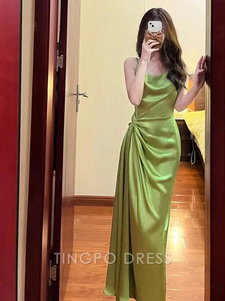 TingPo Wholesale Elegant Pretty Sheath Spaghetti Straps Green Satin Long Evening Dress Prom Dresses With Ruffles