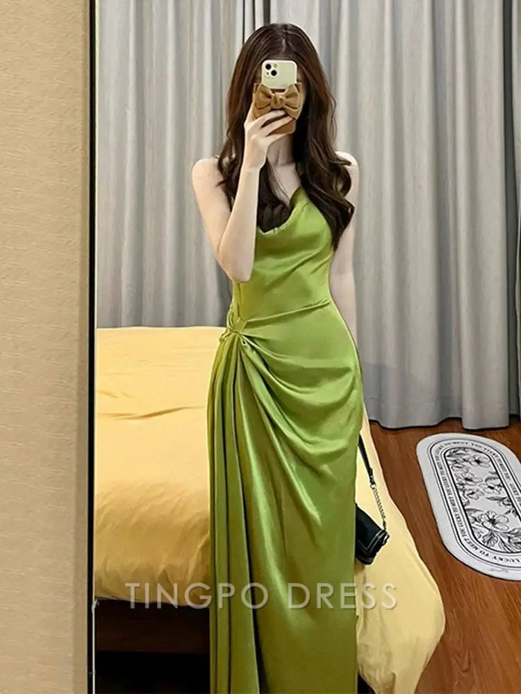 TingPo Wholesale Elegant Pretty Sheath Spaghetti Straps Green Satin Long Evening Dress Prom Dresses With Ruffles