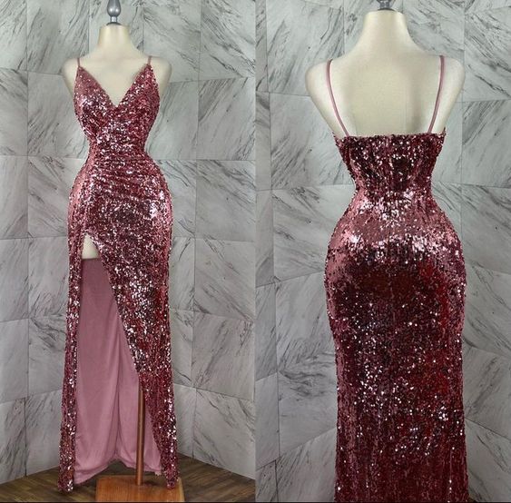 TingPo Wholesale Elegant Pretty Sheath Spaghetti Straps Sequin Long Prom Dresses Glitter Slit Evening Dress
